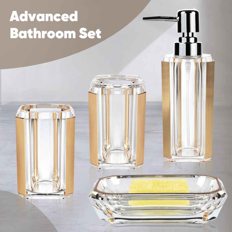 LGURT 4-Piece Premium Acrylic Bathroom Accessory Set-Hand Sanitizer Bottle Lotion Can Bathroom Suit Separate Bottle Soap Box Mouthwash Cup Toothbrush Cup (Brushed Gold) - Image 5